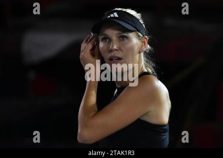 Mexiko-Stadt, Mexiko. November 2023. 29. November 2023, Mexiko-Stadt: Caroline Woznicki aus Dänemark reagiert während des Singlespiels der Frauen beim Tennisfest GNP 2023 auf der Monumental Plaza de Toros México. Am 29. November 2023 in Mexiko-Stadt. (Foto: Carlos Tischler/Eyepix Group/SIPA USA) Credit: SIPA USA/Alamy Live News Stockfoto