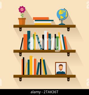 Regale mit bunten Büchern in flachem Stil. Bücherregal liest Bücher, Bild und Globus mit Schatten. Stock Vektor