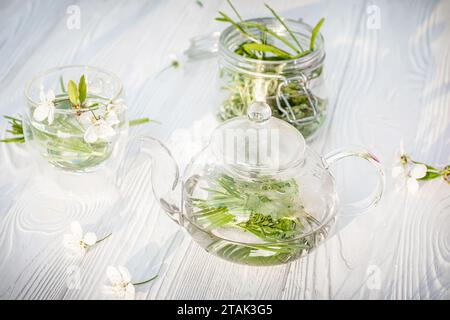 Galium-Aparine-Spalter, Cliver, Gänsegras. Kräutertee mit Rosmarin in Glas-Teekanne und -Tasse. Stockfoto