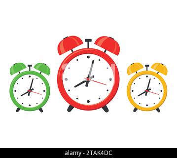 Stellen Sie die Wecker auf weißem Hintergrund in flacher Form ein. Vektorabbildung Stock Vektor