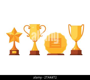 Set aus der Trophäensiegerkollektion auf weißem Hintergrund. Goldene Becher und Auszeichnungen im flachen Stil. Preise und Belohnungen aus Gold Stock Vektor