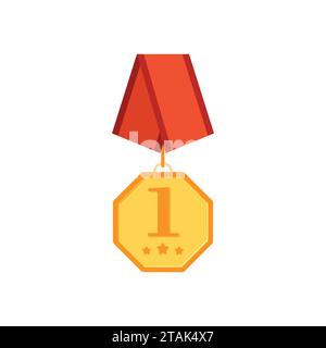 Goldmedaille mit rotem Band auf weißem Hintergrund. Verleih Gold in flachem Stil Stock Vektor