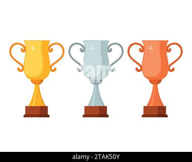 Trophäensiegerbecher mit Holzsockel isoliert auf weißem Hintergrund. Gold-, Silber- und Bronze-Preisverleihungsträgern Ikone Vektor-Illustration Stock Vektor