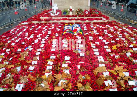 Whitehall, London, Großbritannien. November 2023. Mohnkränze am Gedenktag verbleiben im Cenotaph in Whitehall, London, nach dem Gedenktag, als sie von König und Königin, Mitgliedern der Königlichen Familie, Politikern und anderen Organisationen neben dem Kriegsdenkmal gelegt wurden. Das Cenotaph ist nach den jüngsten Protesten am Wochenende in London, bei denen Demonstranten öffentliche Denkmäler in London betreten haben, weiterhin abgezäunt. Kredit: Maureen McLean/Alamy Stockfoto