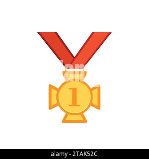 Goldmedaillenkreuz mit rotem Band isoliert auf weißem Hintergrund. Preis Gold Gewinner Preis Icon Vektor Illustration in flacher Tyle Stock Vektor