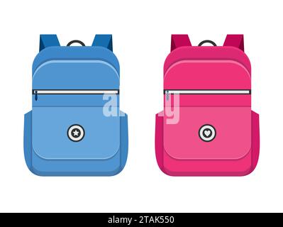 Rucksack isoliert auf weißem Hintergrund. Schultasche mit Tragegriff und Riemen in flachem Stil. Blaue und pinkfarbene Schultaschen-Ikonen bieten lehrreiche Informationen Stock Vektor