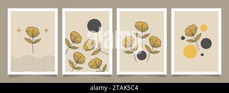 Set aus minimalistischem Poster mit handgezeichneten Blumen. Blumendesign für Tapeten, Umschlag, Druck und mehr Stock Vektor