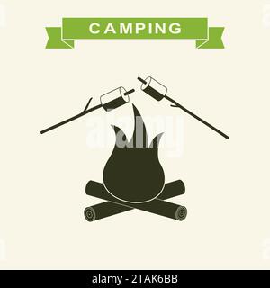 Lagerfeuer mit Marshmallow-Symbol. Camping Grill Marshmallow flach. Lagerfeuer im Freien. Stock Vektor