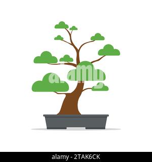 Bonsai-dekorativer kleiner Baum, der im Behälter wächst. Japanischer Baum isoliert auf weißem Hintergrund. Vektoriilustration Stock Vektor