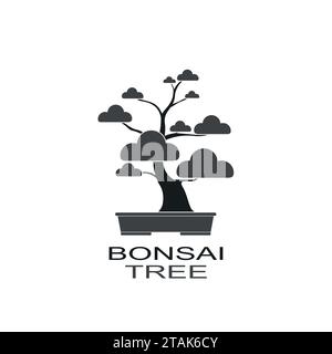 Bonsai-Symbol dekorativer kleiner Baum, der im Behälter wächst. Japanischer Baum isoliert auf weißem Hintergrund. Vektoriilustration Stock Vektor