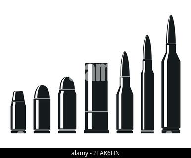 Patronensymbole Vektorsatz. Eine Sammlung von Aufzählungssymbolen auf weißem Hintergrund. Waffentypen und -Größe in flacher Ausführung. Vektorabbildung Stock Vektor