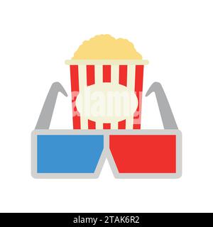 3D-Brille und Popcorn. Kinoklassik im flachen Design. Filmsymbol isoliert auf weißem Hintergrund. Vektorabbildung Stock Vektor