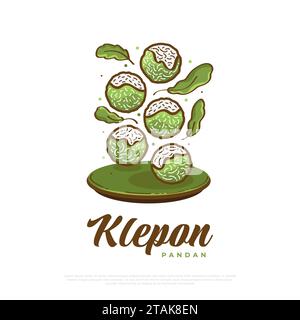 Klepon, traditionelles indonesisches Essen oder Snacks. Klepon und Green Leaf Vector Illustration Stock Vektor