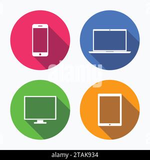 Gerätesymbole: Smartphone, Tablet, Laptop und Desktop-Computer. Farbenfrohe Gerätesymbole in flacher Form mit Schatten auf weißem Hintergrund. Vektor Il Stock Vektor