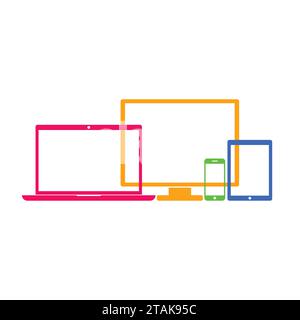 Gerätesymbole: Smartphone, Tablet, Laptop und Desktop-Computer. Farbenfrohe Gerätesymbole in flachem Stil, isoliert auf weißem Hintergrund. Vektorabbildung Stock Vektor