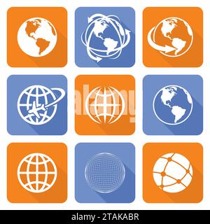 Globe Earth – orangefarbene und blaue Symbole. Vektorabbildung Stock Vektor