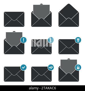 Symbole für Benachrichtigungen für Mail-Umschläge festgelegt. Konzept für eingehende E-Mail-Nachrichten, Kommunikation, Postzustellungsdienst für soziale Netzwerke, Web- oder mobile Apps. Stock Vektor