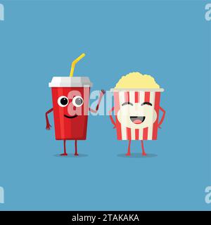Popcorn gestreifter Eimer und eine Tasse Limonade mit lächelndem menschlichem Gesicht auf blauem Hintergrund. Lustige Kino-Fast-Food-Vektor-Illustration Stock Vektor