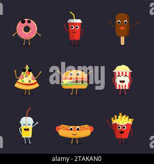 Eine Reihe lustiger Fast-Food-Charaktere, isoliert auf dem Hintergrund. Niedliche Cartoon Fastfood Menü Symbole in flacher Stil Vektor Illustration. Stock Vektor