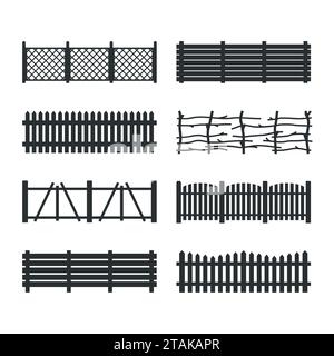 Setzen Sie Holzzäune auf weißen Hintergrund. Verschiedene Gartenzäune Symbole Vektorillustration. Ländliche Zaunholzplatten Silhouettenkonstruktion Stock Vektor