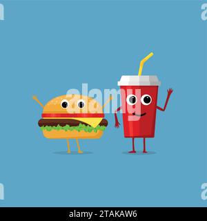 Hamburger und eine Tasse Limonade mit lächelndem menschlichem Gesicht isoliert auf blauem Hintergrund. Lustige Fastfood-Vektor-Illustration Stock Vektor