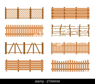 Setzen Sie Holzzäune auf weißen Hintergrund. Verschiedene Gartenzäune Vektor-Illustration. Ländliche Zaunholzplatten Silhouettenkonstruktion in flacher Ausführung Stock Vektor