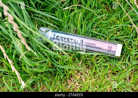 Nahaufnahme eines Einweg-Vapes oder eines Verdampfungsgeräts, das beiläufig weggeworfen oder am grasbewachsenen Rand einer Landstraße entsorgt wird. Stockfoto