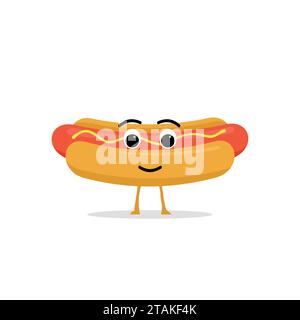 Lustige und süße Hot-Dog-Figur isoliert auf weißem Hintergrund. Hot Dog mit lächelnder menschlicher Gesichtsvektor-Illustration. Kinderrestaurant Menü Stock Vektor