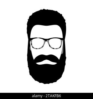 Hipster-Mann. Frisur, Bart und Brille in flacher Form. Hipster-Symbol mit schwarzer modischer Silhouette auf weißem Hintergrund. Vektorabbildung Stock Vektor