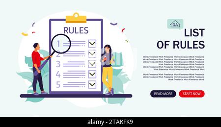 Leute studieren Liste der Regeln, machen Checkliste, lesen Anleitung. Landing Page. Vektorgrafik. Flacher Style Stock Vektor