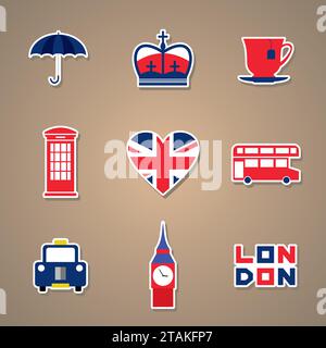 London Icons Set Aufkleber. Vektorabbildung flache Konstruktion Stock Vektor