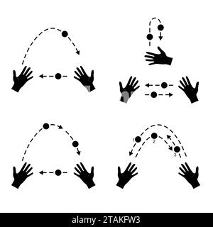 Jonglieren. Hände werfen Ball Silhouette flach Stil isoliert auf weißem Hintergrund. Lernen Sie, Ratschläge zu jonglieren. Stock Vektor