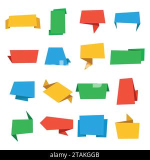 Buntes Origami-Banner-Set. Vintage-Vektoretiketten und -Abzeichen. Vektorabbildung. Stock Vektor