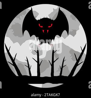 Vampirfledermaus mit blutigen Augen, Zähnen und Klauen auf hellem Mondgrund. Sitzt auf einem Zweig. Zeichentrickfigur. Schwarze Silhouette. Stock Vektor