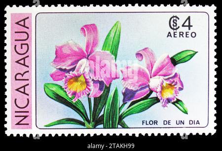 MOSKAU, RUSSLAND - 17. NOVEMBER 2023: In Nicaragua gedruckte Briefmarke zeigt Flora de un Dia (Cattleya skinneri), Blumenserie, um 1979 Stockfoto