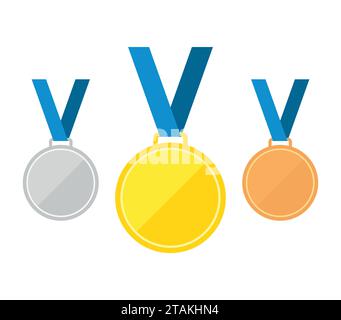 Set aus Goldmedaille, Silbermedaille und Bronzemedaille. Medaillen-Symbole im flachen Stil. Medaillen-Symbole isoliert auf weißem Hintergrund. Medaillen Vektor-Illustration. Stock Vektor