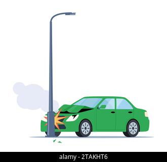 Autounfall. Beschädigter Transport auf der Straße. Das Auto ist gegen einen Stab gestürzt. Beschädigter Transport. Kollision auf der Straße, Sicherheit beim Fahren von Privatfahrzeugen, Auto i Stock Vektor