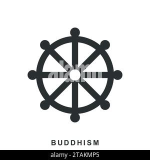 Rad des Dharma, Dharmachakra - ein Symbol des Buddhismus und Hinduismus. Buddhismus-Symbol in flachem Stil isoliert auf weißem Hintergrund Stock Vektor