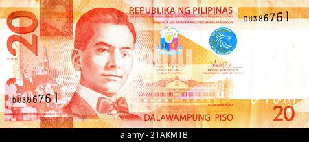Philippinen 20 Peso Bill (2016). Präsident Manuel Luis Quezon y Molina (1878-1944) Stockfoto
