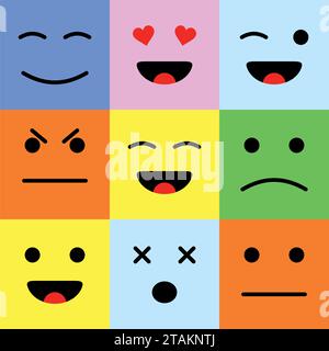 Set aus farbenfrohen Comic-Gesichtern Emoticons. Cartoon-Style lächelt flach Stock Vektor
