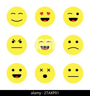 Set süßer Smiley Emoticons. Cartoon flache Gesichter lächeln isoliert auf weißem Hintergrund. Stock Vektor