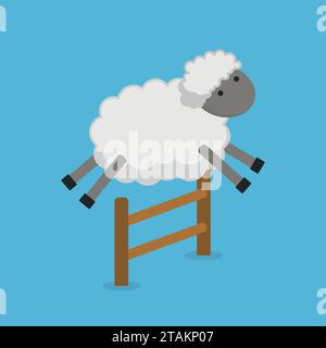 Niedliche Schafe, die über Zaun springen, isoliert auf blauem Hintergrund. Schafe zählen, um einzuschlafen. Vektorabbildung Stock Vektor