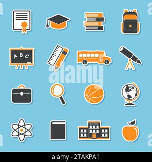 Schulsymbole Aufkleber isoliert auf blauem Hintergrund. Sammlung von Symbolen für Bildungszwecke. Zurück zur Schule. Symbole für das College-Training in flachem Stil Stock Vektor