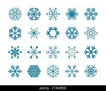 Legen Sie die Symbole für blaue Schneeflocken-Vektor-Illustrationen auf weißem Hintergrund fest. Stock Vektor