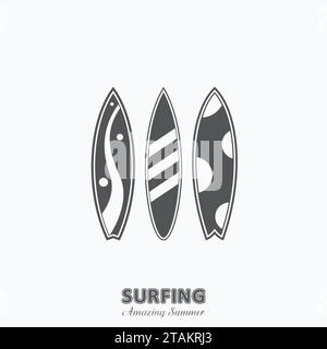 Set von Surfbrettern mit in einem flachen Stil isoliert auf weißem Hintergrund. Sommer Sport Surfbrett Aktivität Wave Extreme Kollektion und Icon Surfing Holz Stock Vektor