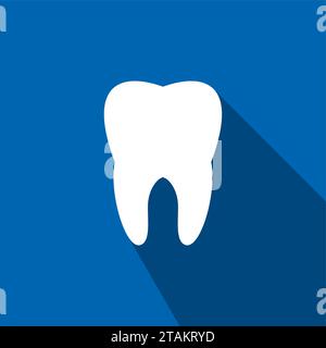 Zahnsymbol in flacher Form, isoliert auf blauem Hintergrund. Gesundheits-, Arzt- und Zahnarztpraxen Symbole. Mundpflege, Zahnarztpraxis Weißer Zahn. Stock Vektor