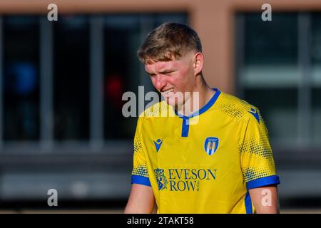 Swansea, Wales. 1. Dezember 2023. Ronny Nelson aus Colchester United während des U21 Professional Development League-Spiels zwischen Swansea City und Colchester United am 1. Dezember 2023 an der Swansea City Academy in Swansea, Wales, Großbritannien. Quelle: Duncan Thomas/Majestic Media/Alamy Live News. Stockfoto