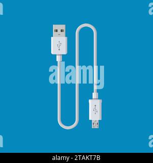 USB-Kabelsymbol für Web auf blauer Rückseite. Anschluss für Computer-Peripheriegeräte oder Ladegerät für Smartphone Stock Vektor