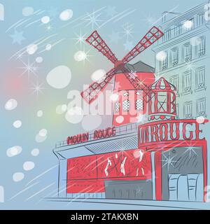 Vektorskizze der weihnachtslandschaft mit Kabarett Moulin Rouge in Paris Stock Vektor
