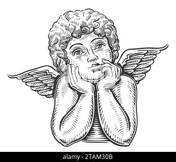 Nachdenkliches süßes Engelskind. Süßes Baby mit Flügeln. Handgezeichnete Zeichnung Vintage Illustration Stockfoto
